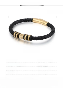 Detail of black leather punk bracelet with stainless steel beads and sizing specifications