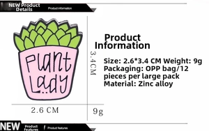 Detailed view of Plant Lady succulent enamel pin showing 2.6x3.4cm size and zinc alloy material
