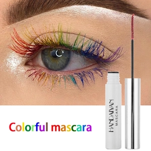Waterproof colorful mascara for long curly lashes showing vibrant rainbow makeup effect
