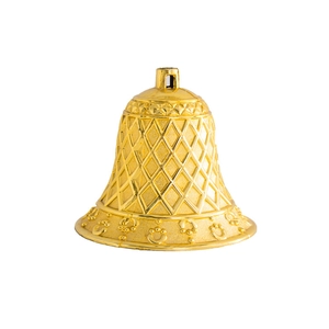 Glossy golden Christmas bell ornament with diamond mesh pattern and hanging loop
