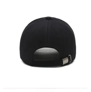 Rear view of black wool baseball cap showing adjustable silver metal slide buckle detail