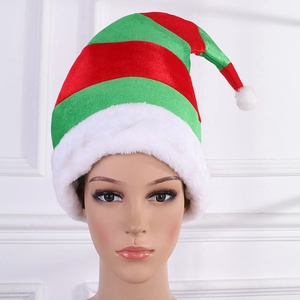 Festive Christmas hat featuring classic red and green stripes with white plush pompom and trim
