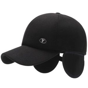 Winter thermal baseball cap for men with ear flaps and metal logo in black wool blend