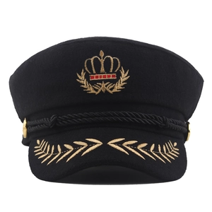 Classic black wool captain hat with exquisite gold crown and laurel embroidery