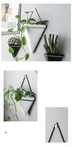 Detail of Nordic wall-mounted ceramic planters with gold and black triangle metal frames
