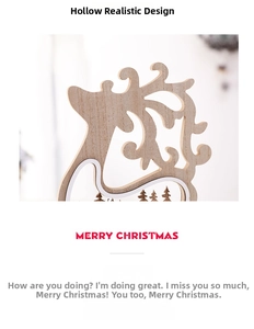 Detailed view of hollowed wooden reindeer decoration with intricate forest scene cutouts