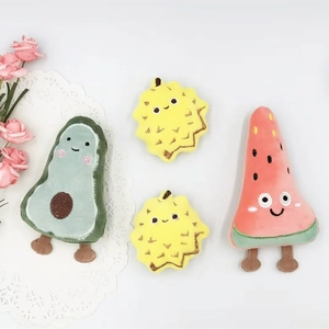 Cute fruit-shaped plush brooches including avocado, durian, and watermelon designs
