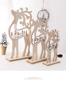 Detailed view of three-piece set laser-cut wooden deer ornaments in natural wood grain