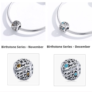 Detailed view of S925 sterling silver charms with November and December birthstones