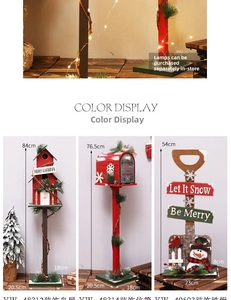 Three-piece Christmas wooden decor set featuring birdhouse, mailbox, and snowman shovel