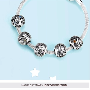 Detailed macro view of S925 sterling silver birthstone charms with intricate hollow design