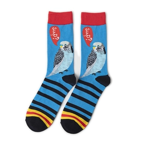 Détail de chaussettes bleues en coton avec motif perroquet et broderie bulle sup