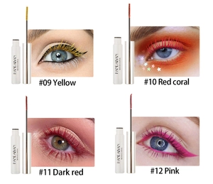 Detail showcasing four colored mascara shades with corresponding eye makeup swatches