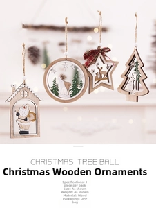 Detail view of hollowed wooden Christmas ornaments with painted reindeer and snowman