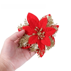 Detail of 14cm glitter artificial Poinsettia made of plastic non-woven fabric