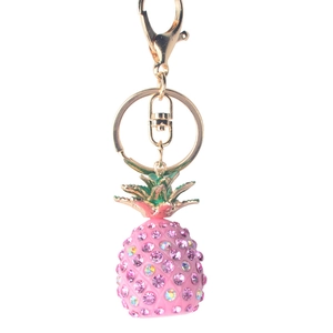 Pink rhinestone pineapple keychain with gold lobster clasp and sparkling crystals