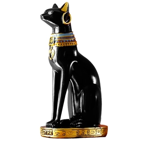Ancient Egyptian Bastet cat statue in black resin with gold accents on a black background