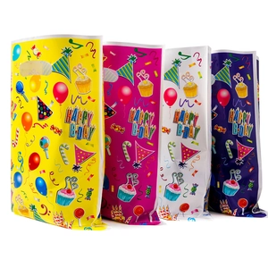 Birthday Party Gift Bags Plastic Pearlized Handle Hole Colorful Printed Happy Birthday Pattern Cartoon Cake Balloon Designs