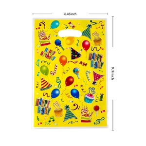 Yellow Happy Birthday gift bags with balloon patterns, 6.45x9.9 inch plastic favor bags