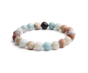 Macro detail of multi-colored natural stone beaded bracelet showing smooth texture and luster