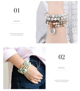 Detail of bohemian natural stone bracelet with Amazonite beads and leaf charm pendant