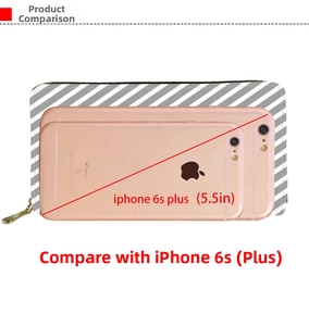 Size comparison of striped PU leather wallet with iPhone 6s Plus for scale reference