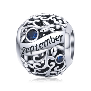 S925 Sterling Silver September birthstone charm with blue gems and vine patterns