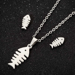Elegant fishbone necklace and earrings set in polished silver stainless steel