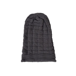 Close-up of dark grey knitted beanie featuring a textured grid pattern and folded cuff