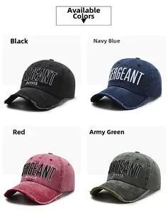 Detail view of washed vintage denim baseball caps with 3D embroidery in four colors