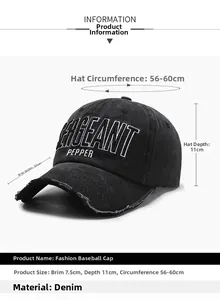 Detail view of black washed denim baseball cap with Sergeant Pepper embroidery and measurements