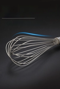 Detail of manual egg whisk with 8 thickened stainless steel wires for durable mixing