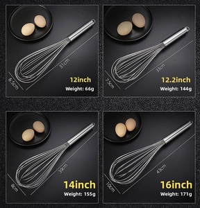 Detail view of four stainless steel whisk sizes with measurements and weights in inches