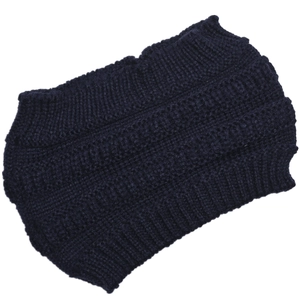 Detailed view of dark blue ribbed knit pattern on flexible winter neck warmer
