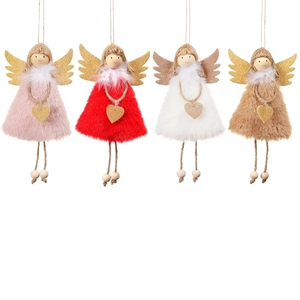 Plush Christmas angel ornaments in pink, red, white, and khaki with glitter wings