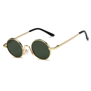 Retro round metal sunglasses with gold frame and dark lenses shown from a 45-degree angle