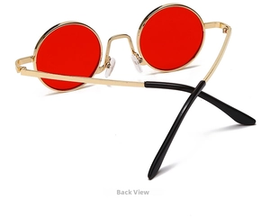 Back view of retro round metal sunglasses featuring gold frames and red lenses