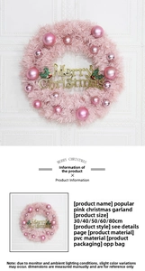Detailed size chart for pink Christmas wreaths with golden Merry Christmas logo