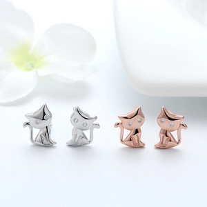 S925 sterling silver cat earrings in silver and rose gold with zircon accents