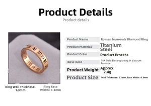 Detail view of rose gold roman numeral ring with dimensions and technical specifications