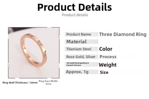 Detailed view of three-diamond 18k rose gold plated titanium steel ring specifications