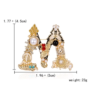 Baroque style letter M brooch with pearls and crystals shown with dimension measurements
