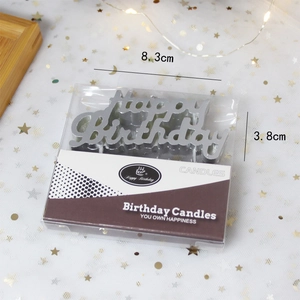 Silver Happy Birthday letter candles in packaging for cake decoration with LED lights
