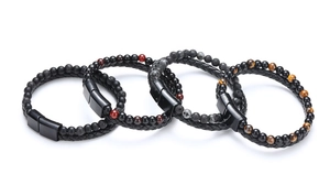 Macro view of multi-layer leather bracelets with tiger eye stones and magnetic clasps
