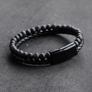 Handmade layered bracelet with tiger eye stones, braided leather and magnetic clasp