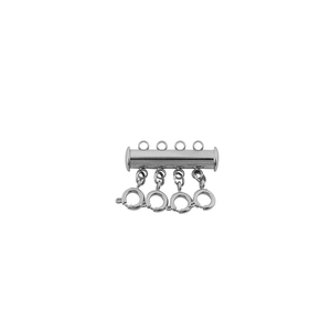 Macro detail of silver 4-strand layered necklace spacer clasp with spring lock mechanism