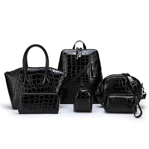 6-piece black crocodile pattern handbag set including backpack, tote, and crossbody bags