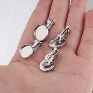Silver stainless steel clip-on earring bases with flat pads for DIY jewelry making