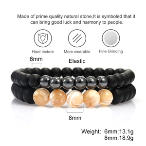 Elastic beaded men's bracelets with matte black stones, tiger eye and hematite beads