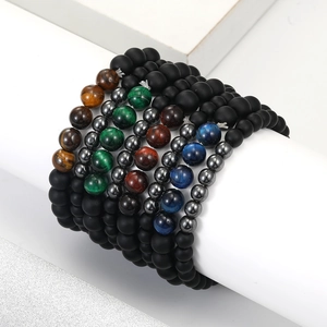 Men's 8mm matte black stone beaded bracelets set with tiger eye and natural gemstones